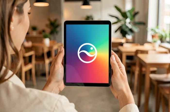 Mains tenant une tablette affichant un logo avec un dégradé de couleurs maîtrisé et harmonieux