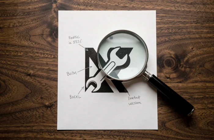 Fiche de logo avec un élément caché annoté par des flèches au crayon et une loupe posée dessus