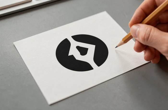 Carte blanche sur bureau gris montrant un logo avec un espace négatif créant un double sens visuel