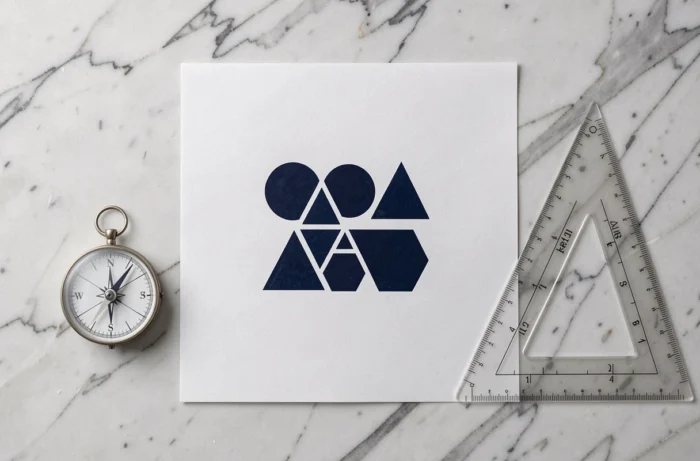 Feuille blanche sur marbre présentant un logo géométrique minimaliste avec compas et équerre