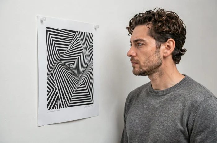 Designer contemplant un logo basé sur une illusion d'optique affiché sur un mur blanc de studio