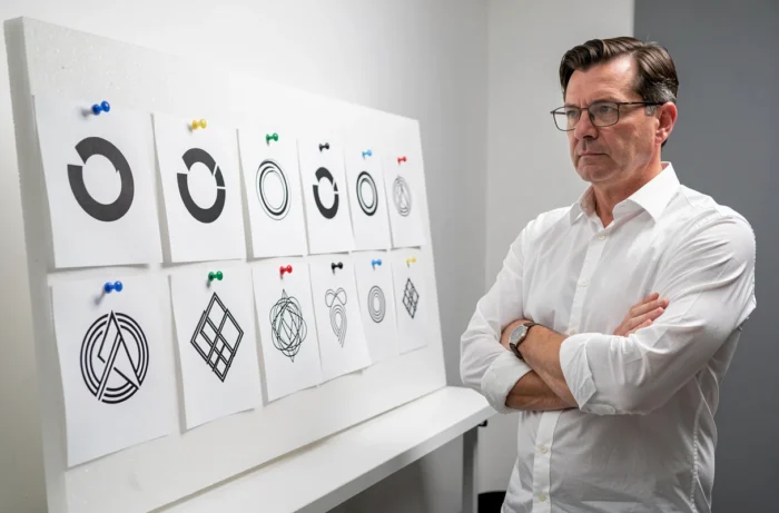 Designer examinant plusieurs variations de logos en noir et blanc épinglées sur un panneau blanc