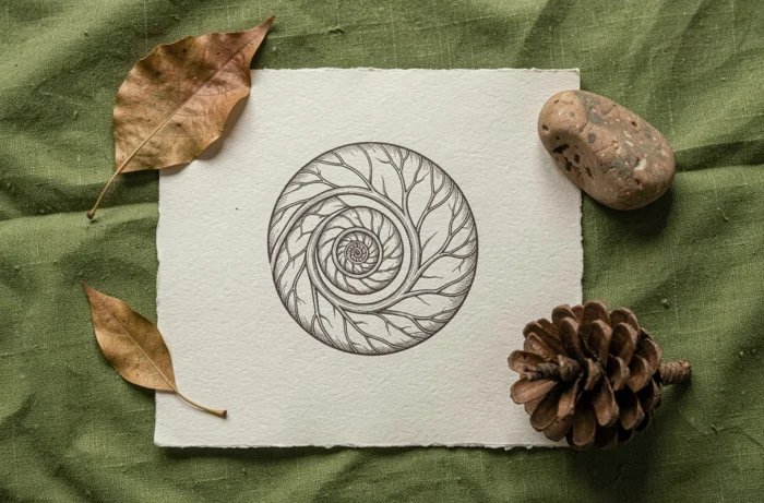 Esquisse de logo inspiré de formes naturelles entourée d'éléments organiques comme feuilles et pierres