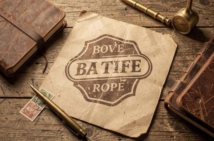 Logo rétro imprimé sur papier kraft entouré d'accessoires vintage comme un carnet en cuir et un timbre ancien