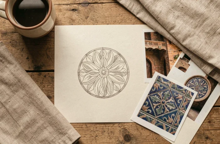 Mise à plat montrant un logo inspiré d'un symbole culturel local avec des croquis et des photos de référence