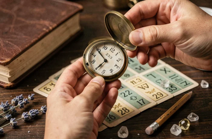 Mains féminines tenant une montre de poche vintage indiquant 23h13 entourée de cartes de numérologie et de cristaux