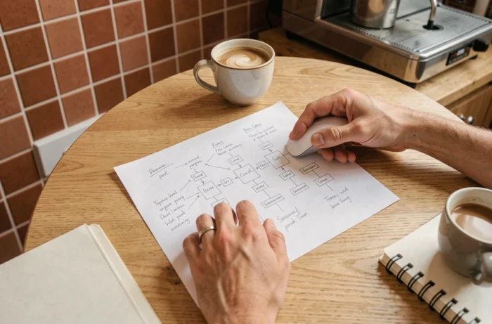 Mains annotant un plan de site imprimé sur une table de café avec une souris et un carnet