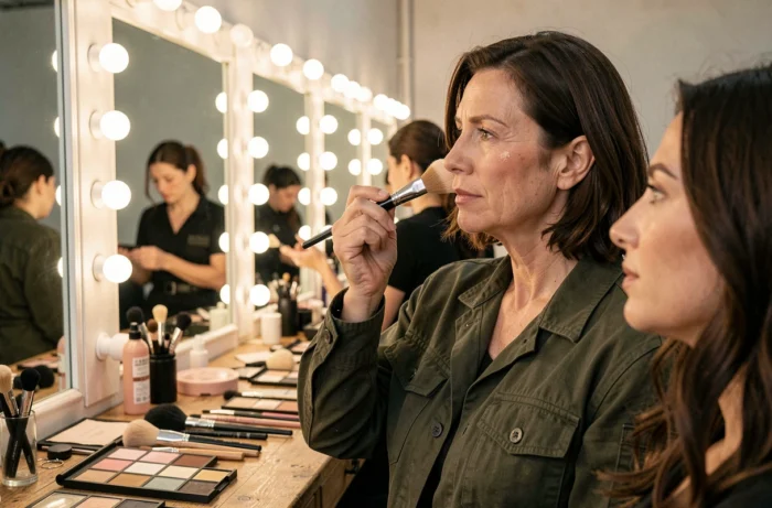 Maquilleuse professionnelle appliquant un blush crème innovant en backstage lors d'un shooting beauté éditorial