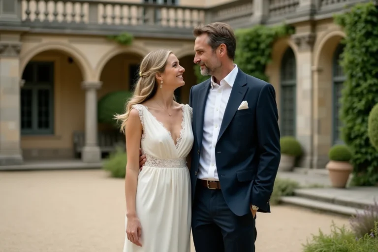 Couple élégant lors d'une cérémonie de mariage dans un château français, femme en robe ivoire et homme en costume marine