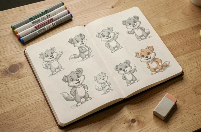 Carnet de croquis ouvert présentant plusieurs dessins d'une mascotte de marque en différentes poses