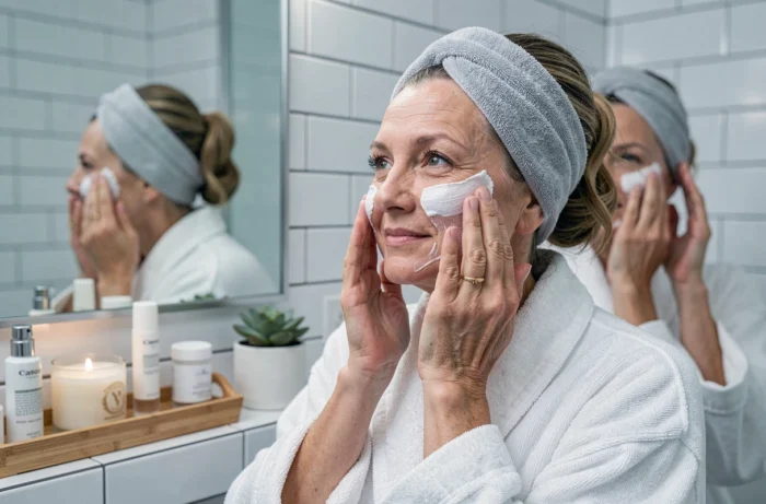 Femme dans la cinquantaine appliquant un masque visage crème dans une salle de bain épurée aux accents bambou, rituel soin beauté à domicile