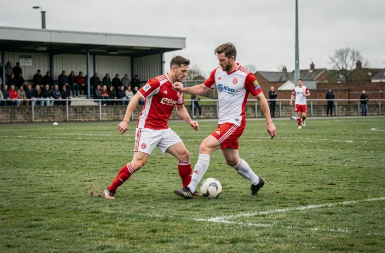 Match de football local dans l'Essex avec deux joueurs en plein duel sur un terrain herbeux devant des tribunes animées