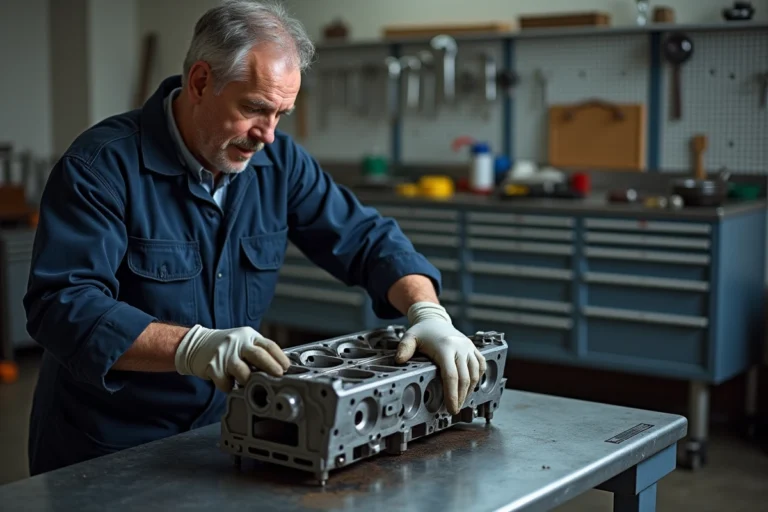 Mécanicien automobile inspectant une culasse en fonte sur un établi d'atelier, guide de rectification de culasse étape par étape