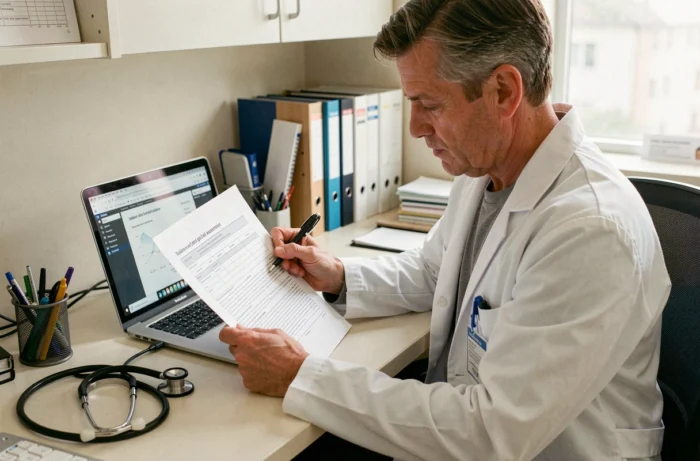 Professionnel de santé consultant et annotant un formulaire d'évaluation de la marche et de l'équilibre imprimé depuis un PDF