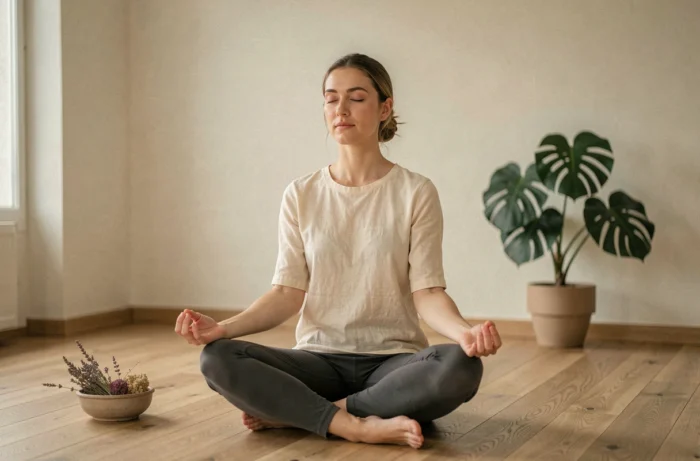 Femme pratiquant la méditation chez elle pour prendre soin de son bien-être quotidien