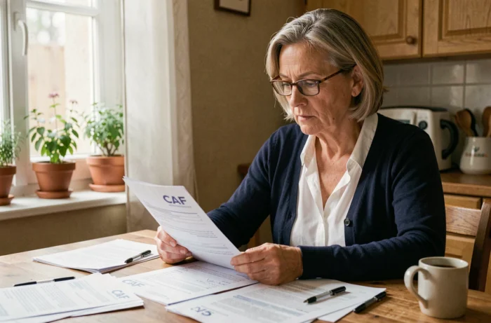 Mère de famille consultant les documents d'allocation familiale CAF à la table de cuisine