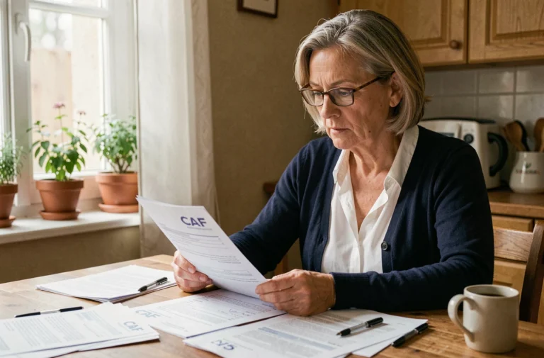 Mère de famille consultant les documents d'allocation familiale CAF à la table de cuisine