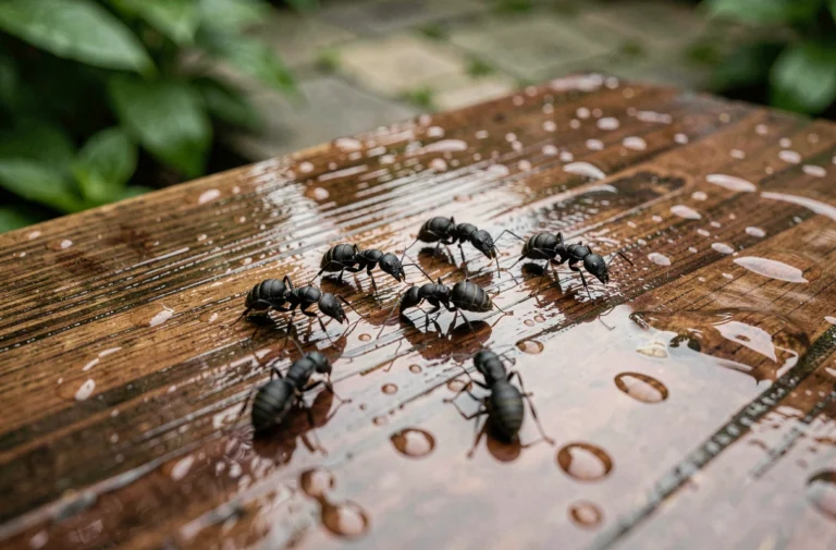 Gros plan macro de minuscules insectes noirs sur une table en bois mouillée après l'orage