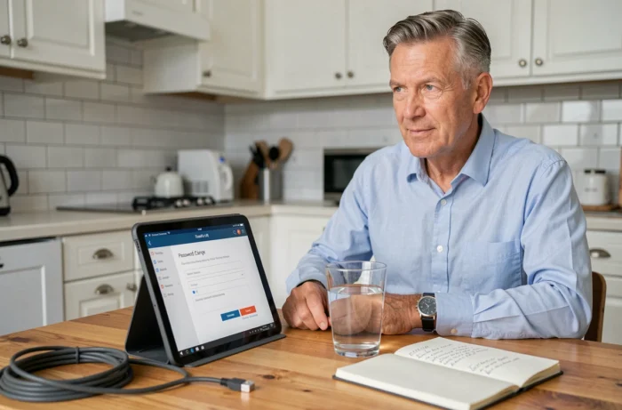 Homme modifiant le mot de passe de sa box internet depuis une tablette dans une cuisine pour sécuriser l'accès à son réseau