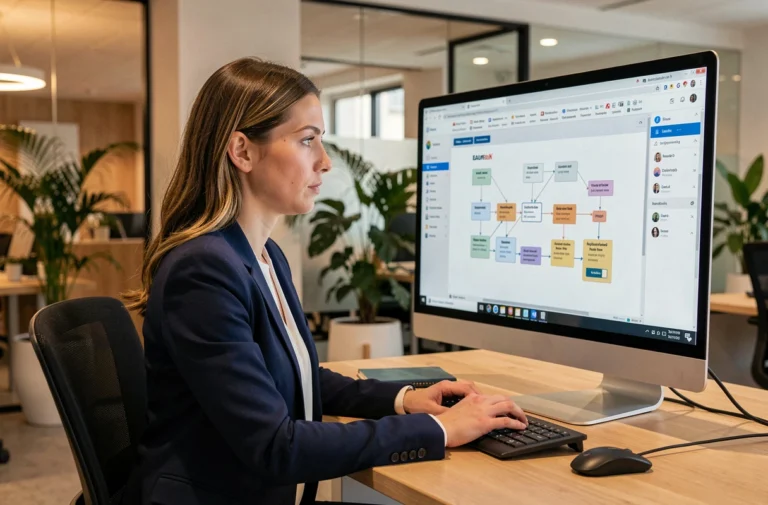 Femme professionnelle naviguant sur un site web bien structuré depuis son bureau moderne