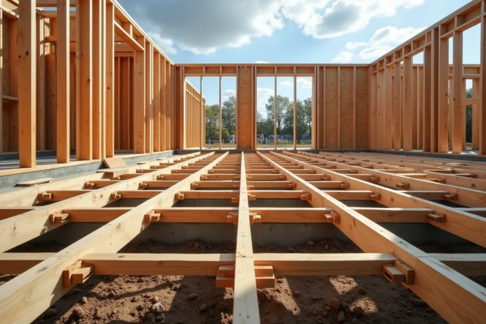 Vue grand angle d'une ossature de plancher en bois montrant la disposition structurelle des lambourdes et solives sur un chantier