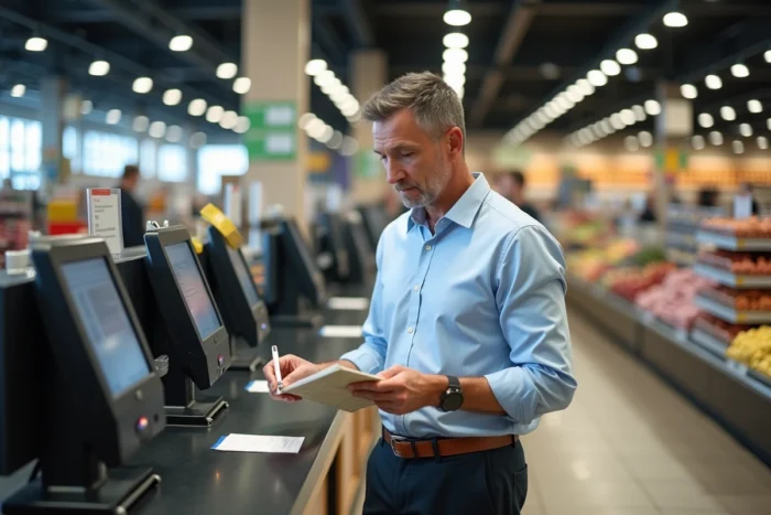 Homme consultant son chéquier lors d'un paiement par chèque différé en caisse de supermarché