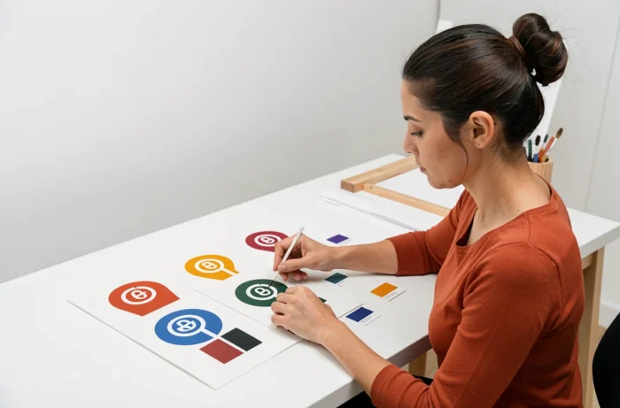 Designer sélectionnant des combinaisons de deux couleurs pour un logo sur des fiches cartonnées