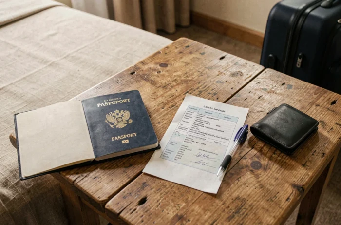 Passeport ouvert et photocopie posés sur une table en bois avec accessoires de voyage