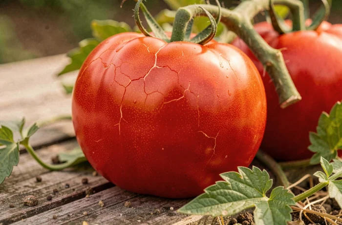Tomates mûres sur pied avec peau épaisse et légèrement craquelée visible en gros plan dans un jardin potager