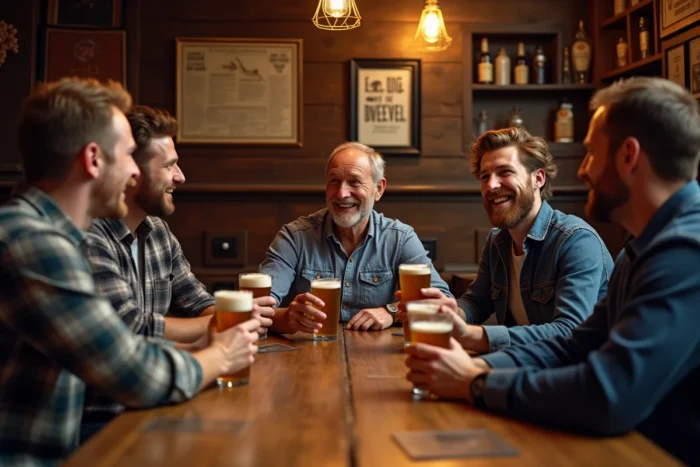 Groupe d'hommes célébrant un enterrement de vie de garçon dans un pub, incluant un père plus âgé parmi les amis