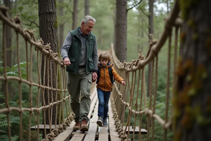 Père aidant son fils sur un pont de singe en bois suspendu dans les arbres au parc aventure Canyon Park Epretot en famille