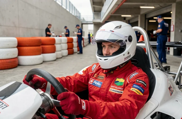 Pilote en combinaison rouge et casque blanc prêt à prendre le départ d'un stage de pilotage sur circuit automobile