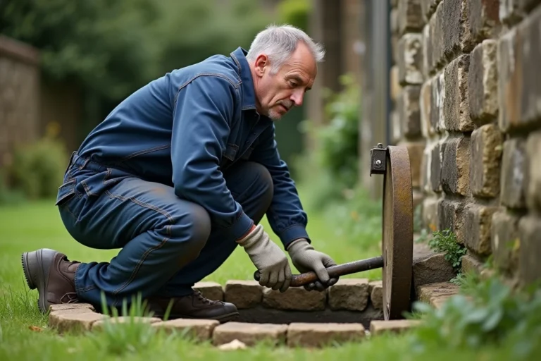 Plombier inspectant une ancienne fosse septique en béton dans un jardin rural