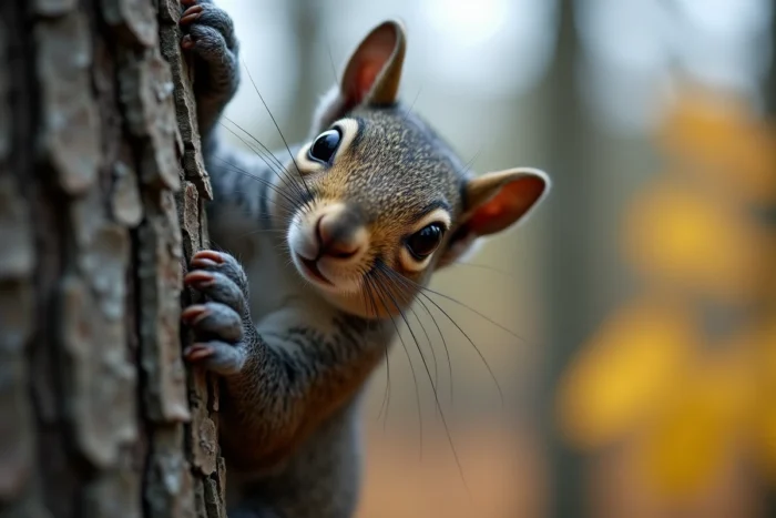 Portrait rapproché d'un écureuil gris accroché à un pin en forêt automnale avec un regard expressif et symbolique