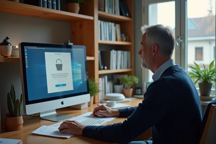 Homme consultant un guide imprimé tout en effectuant sa première connexion sur un ordinateur de bureau à domicile