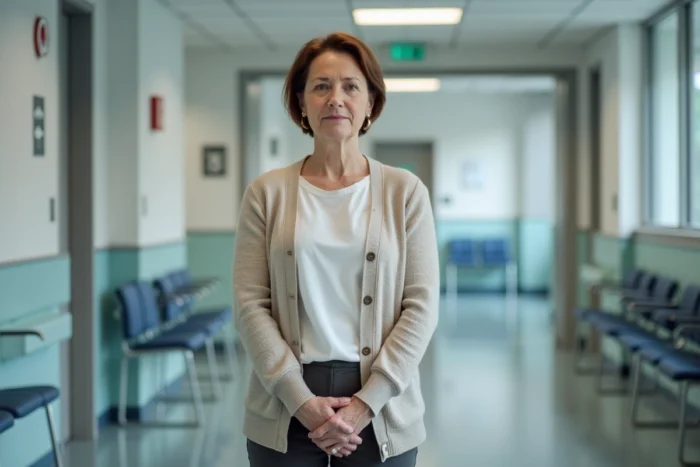 Femme proche aidante debout dans un couloir d'hôpital moderne, exprimant soutien et inquiétude pour un proche atteint de maladie