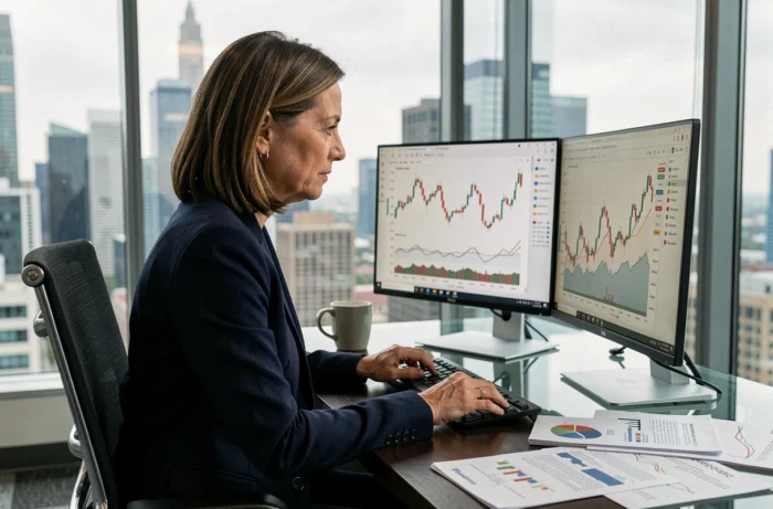 Professionnelle en finance analysant des graphiques boursiers sur écrans dans un bureau moderne en 2024