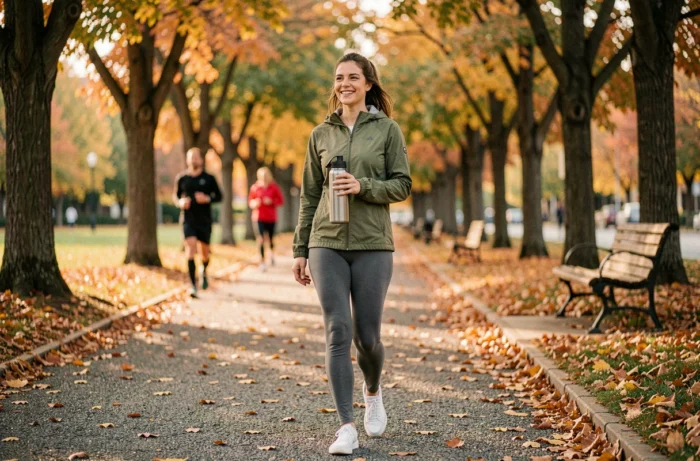 Femme se promenant dans un parc en automne pour prendre soin de sa santé et de son bien-être