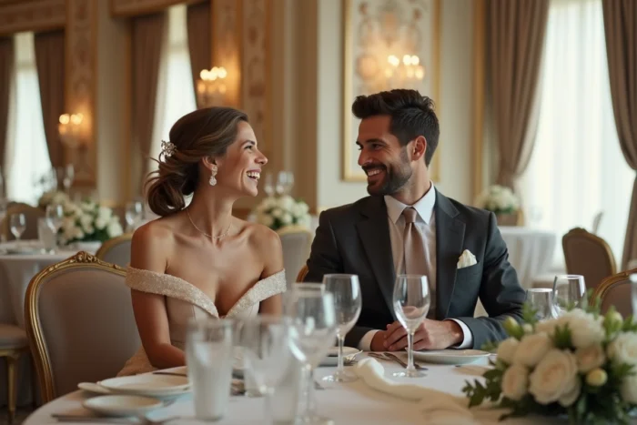 Couple marié à la réception dans un salon parisien classique, ambiance élégante avec décoration florale et verrerie en cristal