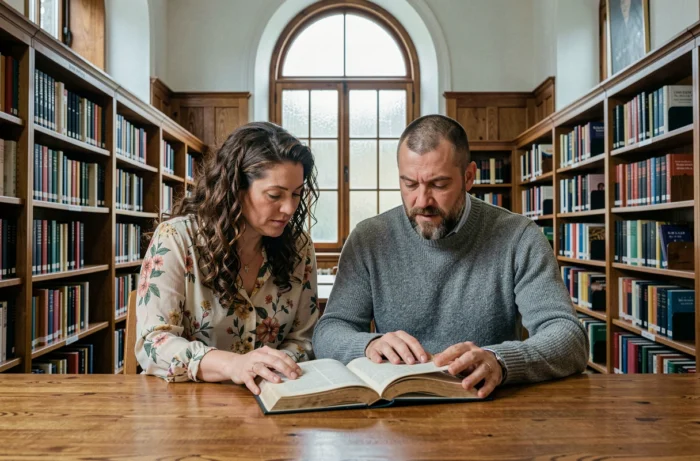 Deux adultes consultant ensemble un livre ouvert dans une bibliothèque universitaire lumineuse entourée d'étagères colorées