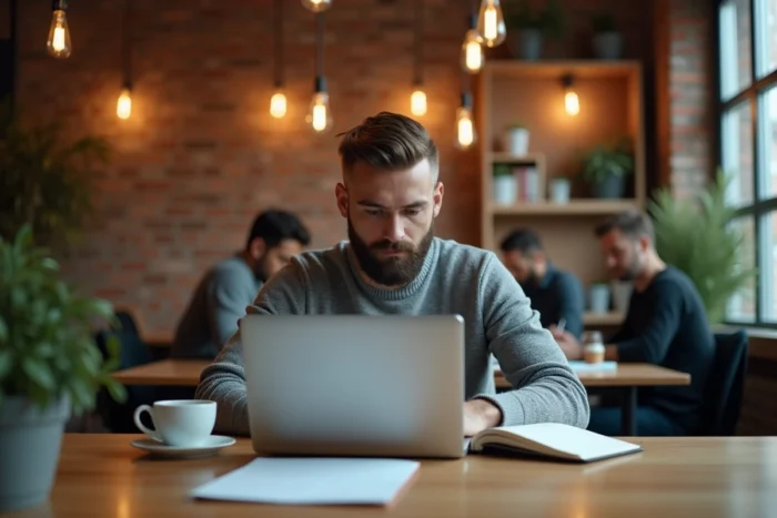 Jeune professionnel travaillant sur son CV et sa recherche d'emploi dans un espace de coworking chaleureux, stratégie d'insertion professionnelle efficace