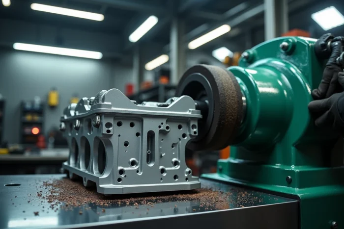 Machine de rectification surfaçant une culasse en aluminium dans un atelier de mécanique professionnelle