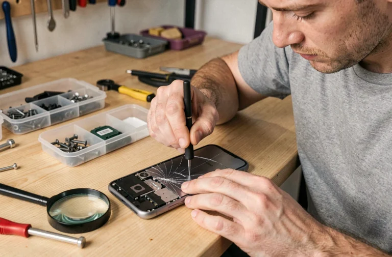 Homme réparant un smartphone avec un tournevis de précision sur un établi en bois