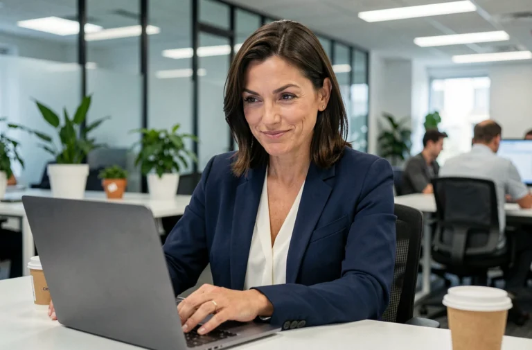 Femme au bureau avec un sourire ironique devant son écran, illustration du second degré au travail