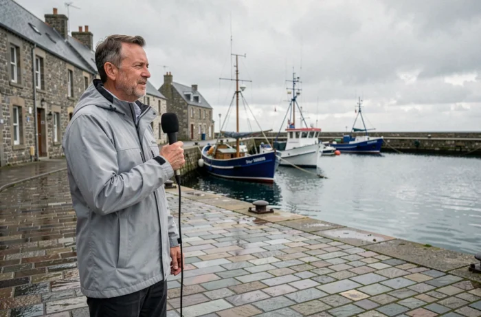 Reporter en reportage terrain sur le port d'un village breton pour France Info Bretagne