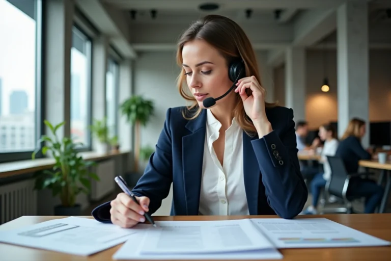 Responsable commerciale en externalisation passant des appels de prospection BtoB dans un bureau moderne
