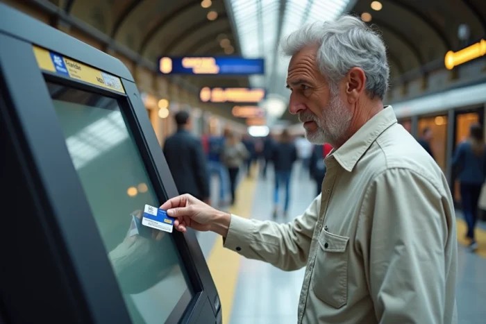 Retraité SNCF utilisant une borne automatique en gare avec son pass Carmillon pour acheter un billet de train