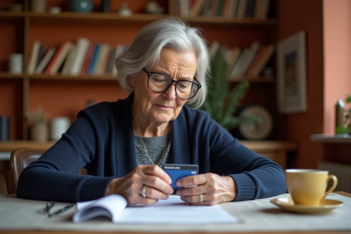 Femme retraitée lisant les conditions du pass Carmillon SNCF à son domicile avec ses documents de retraite