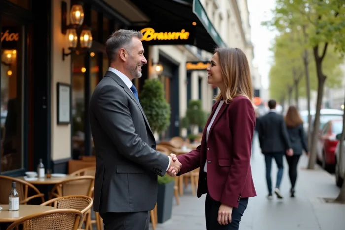 Deux entrepreneurs se serrant la main devant une brasserie parisienne typique sur un boulevard avec terrasse