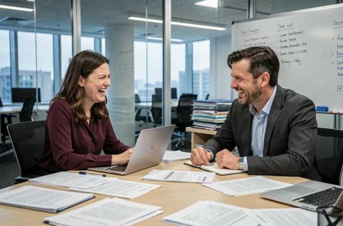 Deux collègues qui rient avec ironie lors d'une réunion de bureau interminable, humour et second degré au travail